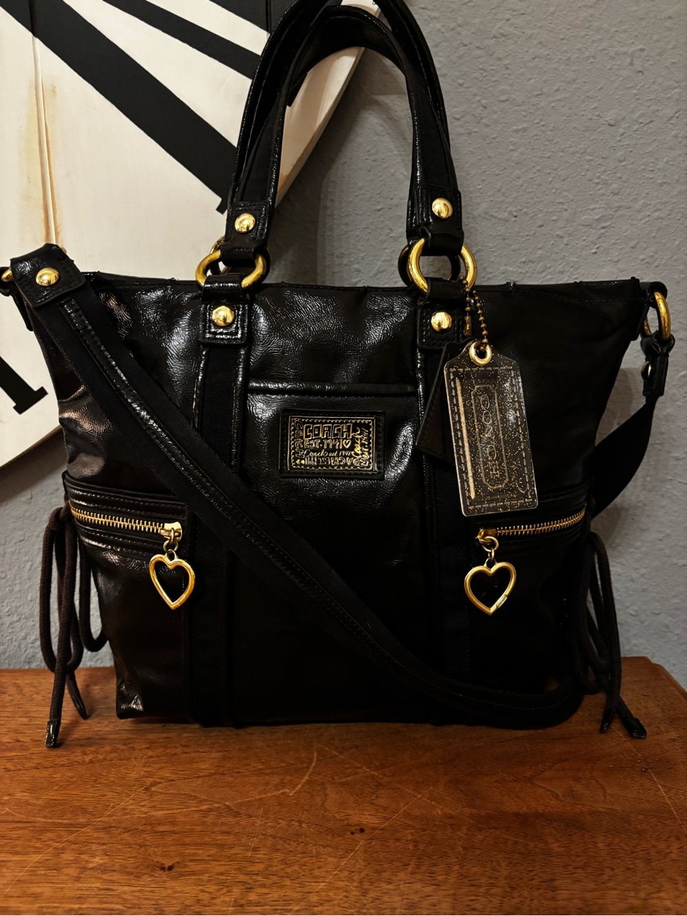 Coach Poppy Daisy Liquid Gloss Pocket Patent Tote.